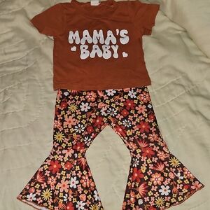 Mama's Baby Brown Top and Floral Pants Set- 6 To 9 Months - Fits 3 To 6 Months